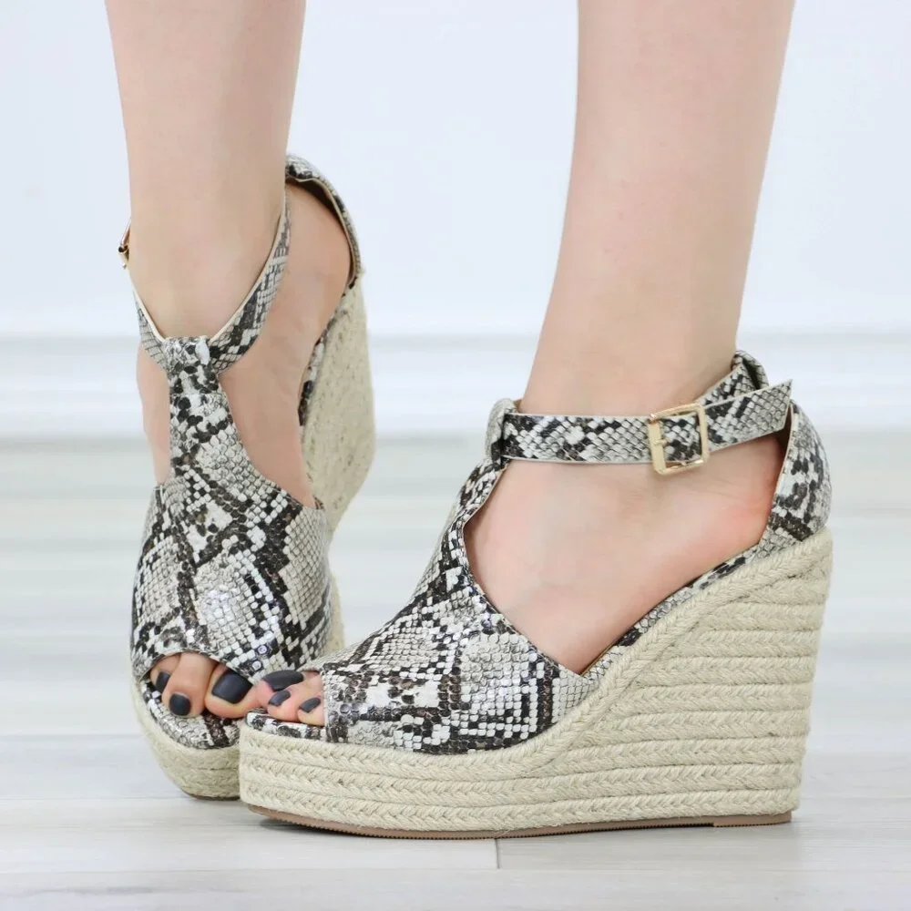 Faux Snakeskin Wedge Sandals Ankle Strap Espadrille Platform Buckle Closure
